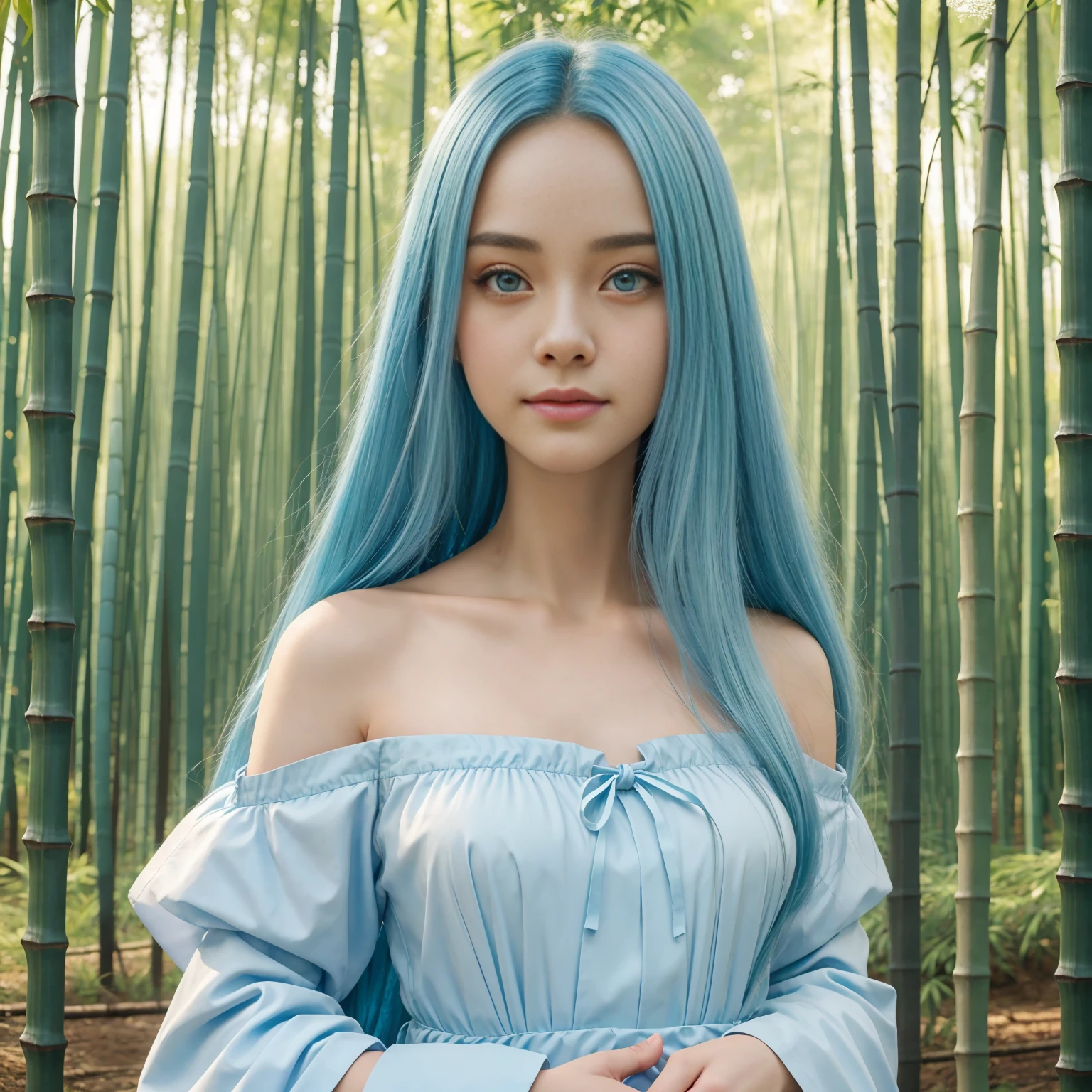 masterpiece, Best Quality, official art, 8K Wallpaper, Very detailed, illustration, 1 girl, sky blue hair, by the wide, detailed eyes, Forrest Gump, bare shoulders, Hanfu, lake, Pure, soft smile, bamboo, has