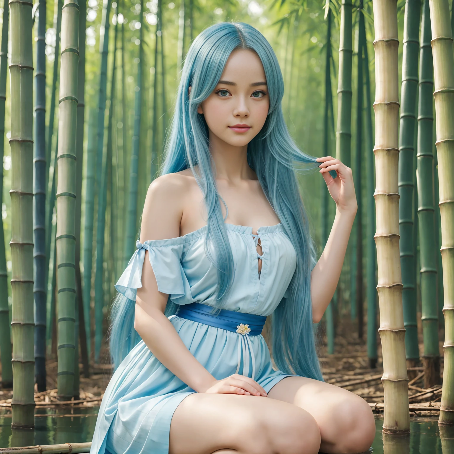 masterpiece, Best Quality, official art, 8K Wallpaper, Very detailed, illustration, 1 girl, sky blue hair, by the wide, detailed eyes, Forrest Gump, bare shoulders, Hanfu, lake, Pure, soft smile, bamboo, has