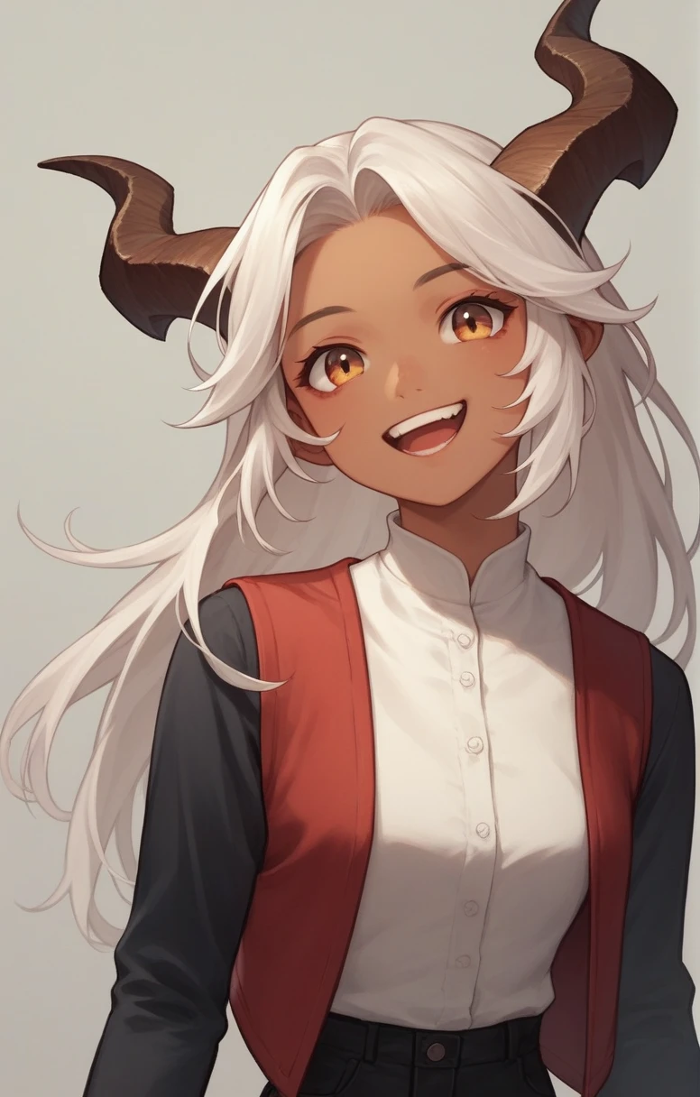 1 girl, ((black short gloves)), ((Red dress vest on top)), ((black dress pants)), ((((long sleeves)))), ((white dress blouse)), looking ahead at viewer, ((animadas, happy smiling, kind)), standing, standing alone, adult, robust horns like a dragon, brown skin, long white hair, Eyes red