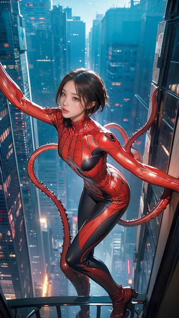 ((masterpiece)),(((最high quality))),thin太もも,Long legs,whole body:1.5，1 girl,A woman wearing a spider girl costume fights、Childish face and appearance、Damaged by countless mechanical tentacles.,Gravure idol level cuteness,short hair that shows the forehead,Accurately drawn faces,Sweaty skin,thin,Anatomically correct,Perfect Proportions,Accurate Fingers,Battle scenes with active poses and angles,mechanical tentacles wrap around your arm.,Spider girl costume that is very thin and fits the body,place々Clothes are torn and skin is visible.,countless mechanical tentacles,In a skyscraper at night,masterpiece,high quality,
