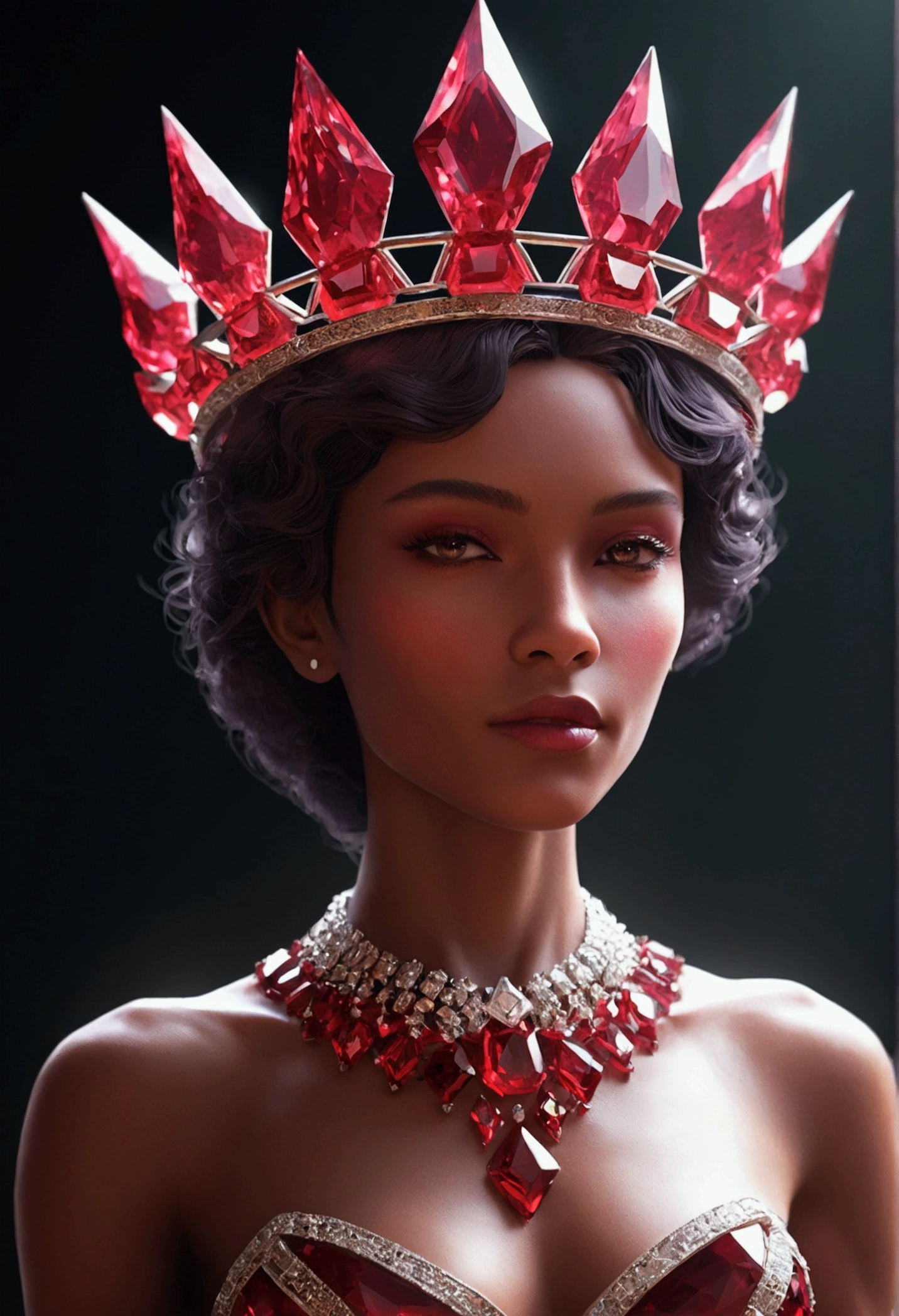 Kilian, an entity made of polygonal ruby crystals which give her a humanoid appearance. She has fit body type. She wears a crown made of solid iron and had a basic diamond-shaped ruby in the center. Her crown gives off a red glow.