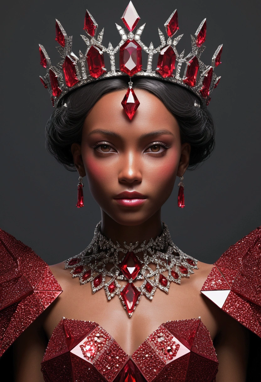 Kilian, an entity made of polygonal ruby crystals which give her a humanoid appearance. She has fit body type. She wears a crown made of solid iron and had a basic diamond-shaped ruby in the center. Her crown gives off a red glow.