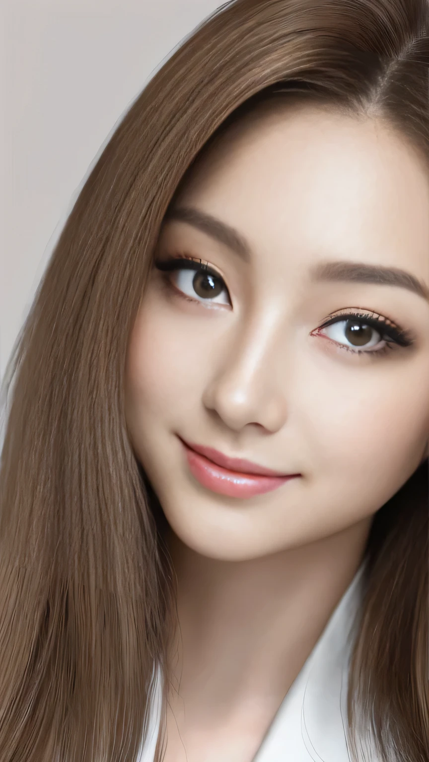 Tabletop, Highest quality, Realistic, Very detailed, In detail, High resolution, 8k wallpaper, 1 beautiful Japan woman,, Light brown long hair, Wearing a business suit, Sharp focus, Perfect dynamic composition, Beautiful attention to detail, Fine hair, Detailed and realistic skin texture, 20-year-old、Baby Face、Big eyes、Cute little mouth、smile, Model-style makeup、Close-up portrait, Model body type