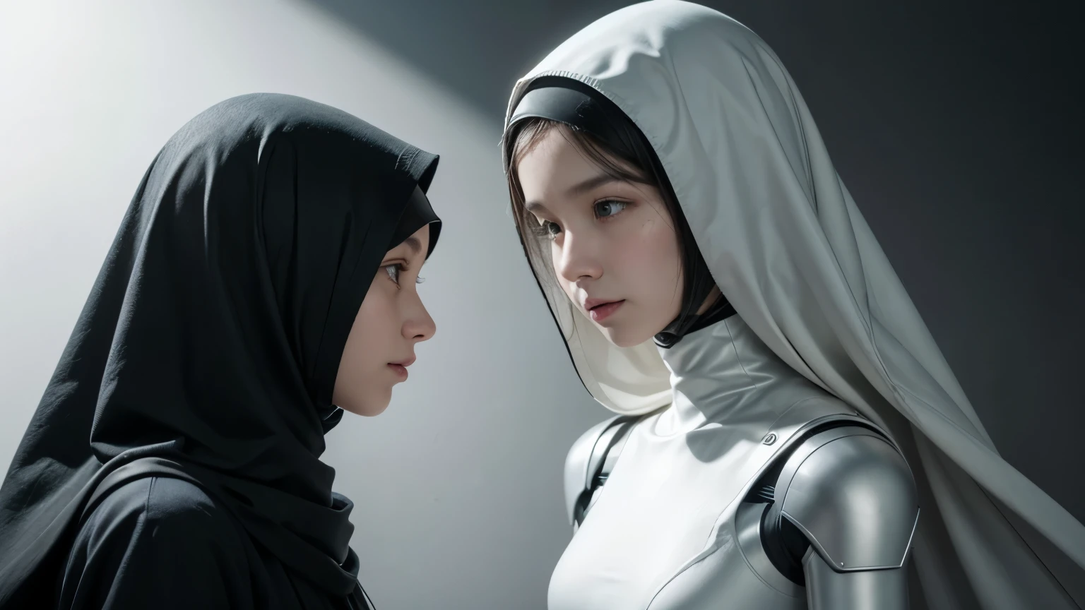 "Create an image showing two humanoid AIs facing each other in conversation. The Christian AI should have a humanoid face with robotic elements and a Christian symbol (like a cross) visible on its forehead. The Muslim AI should also have a humanoid face with robotic features and an Islamic symbol (such as a crescent moon and star) on its forehead. Both AIs should be in a neutral environment, with friendly dialogue expressions and a background that does not distract from their interaction."