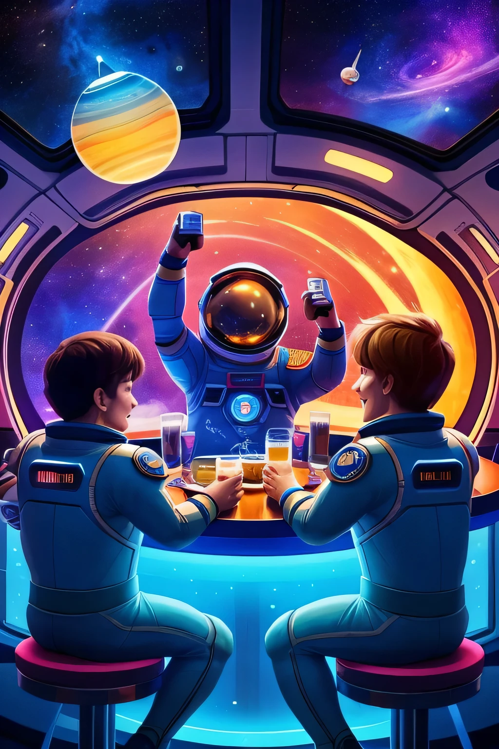 "A playful, whimsical illustration of four human astronauts with round helmets around a table inside a futuristic spaceship, each holding and raising beers in a toast, with joyful expressions and floating among colorful buttons, screens, and glowing lights, in the style of vibrant, animated space fantasy art --ar 1:1"
