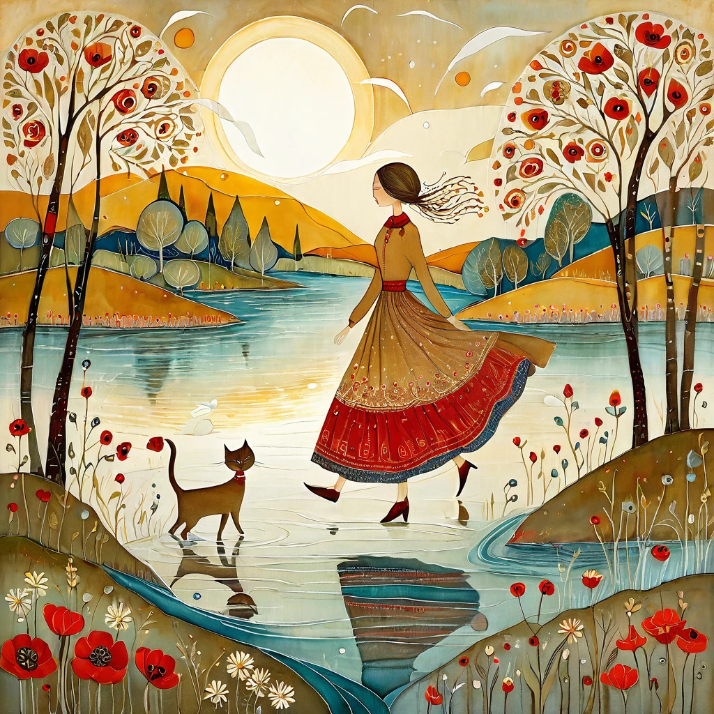 Artistic style by Albena Vatcheva.. Stylized figures. Ethereal woman, wearing a wide skirt with flower and leaf motifs, walks on the waters of a river, on the banks of the river light brown cats with red collars walk. In the background mustard-colored sunshine, hills, birch trees, poppy flowers and blooming dandelions.