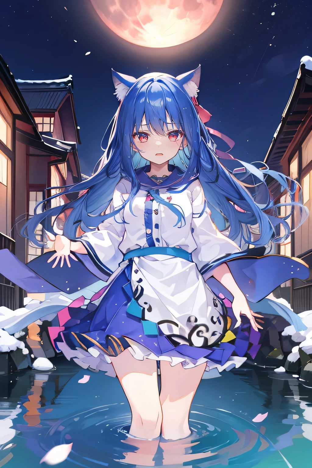 (masterpiece:1.2),Super detailed,lifelike,Expressive eyes,fair skin,perfect face shape,1 girl,
Japanese comics,Gorgeous blue hair,flowing blue hair,flowing clothes,Cat ears,Petals fall,beautiful lola,Baby Angel,
Shaking head with one hand,Cross your legs,Gentle and peaceful background,The pavilion is cool and comfortable,smile, wearing hoodie, background of tokyo,back views,snowing, winter,lie on the water,Reflection on the surface of the water,Full moon night。