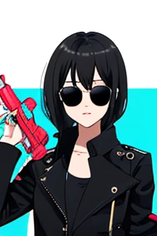 score up_9,holding watergun,black hair,sunglasses,black jacket,
