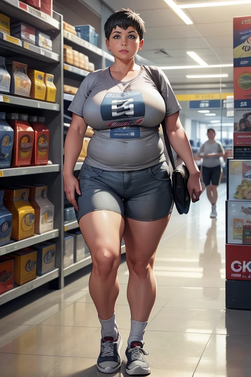 a mature woman with short gray hair, beautiful detailed blue eyes, thin lips, and a round face, wearing a light gray cotton t-shirt, tight shorts, and red sneakers with short socks, ((chubby and Chubby)),standing in a supermarket aisle, looking at the viewer with a naive expression, (best quality,4k,8k,highres,masterpiece:1.2),ultra-detailed,(realistic,photorealistic,photo-realistic:1.37),HDR,studio lighting,extremely detailed face and body,professional,vivid colors