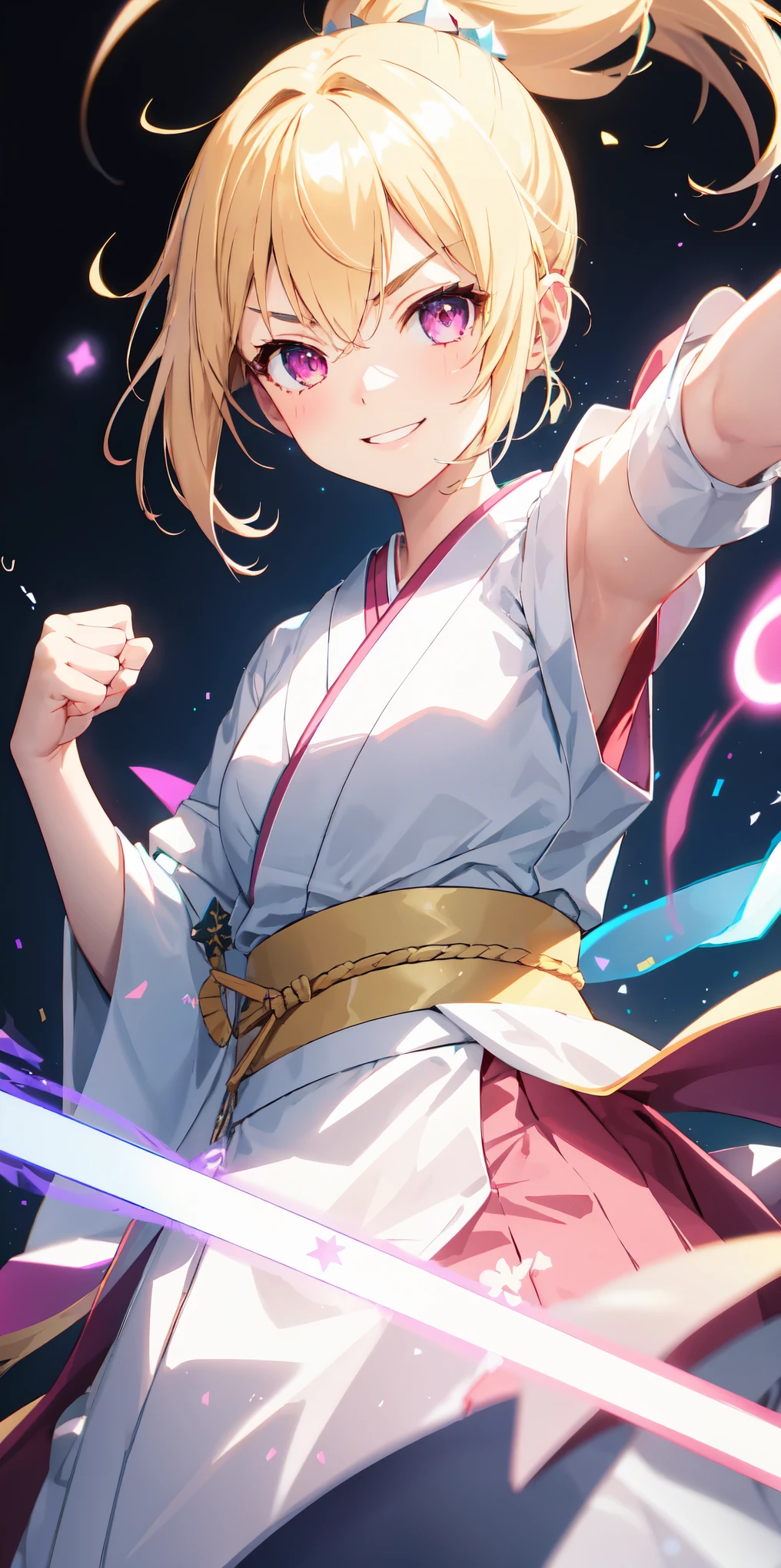 colorful, 1girl, smile, v-shaped eyebrows, blonde hair, wild ponytail haircut, pink eyes, fist in hand, white stars, glow, glowing weapon, light particles, japanese , wallpaper, chromatic aberration,