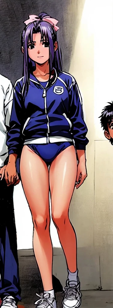 Momoko Koigakubo, a tall girl with beautiful legs, is wearing white gym clothes and light navy blue bloomers that look like panties, and is smiling as she stands holding a boy wearing a tracksuit.。