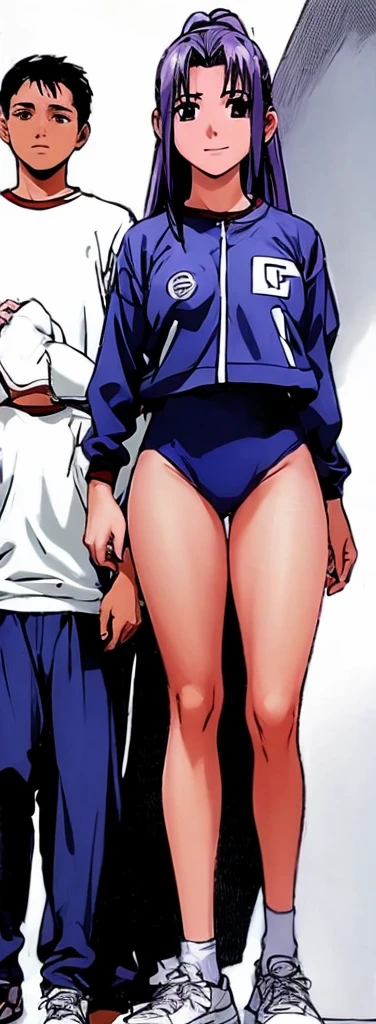 Momoko Koigakubo, a tall girl with beautiful legs, is wearing white gym clothes and light navy blue bloomers that look like panties, and is smiling as she stands holding a boy wearing a tracksuit.。