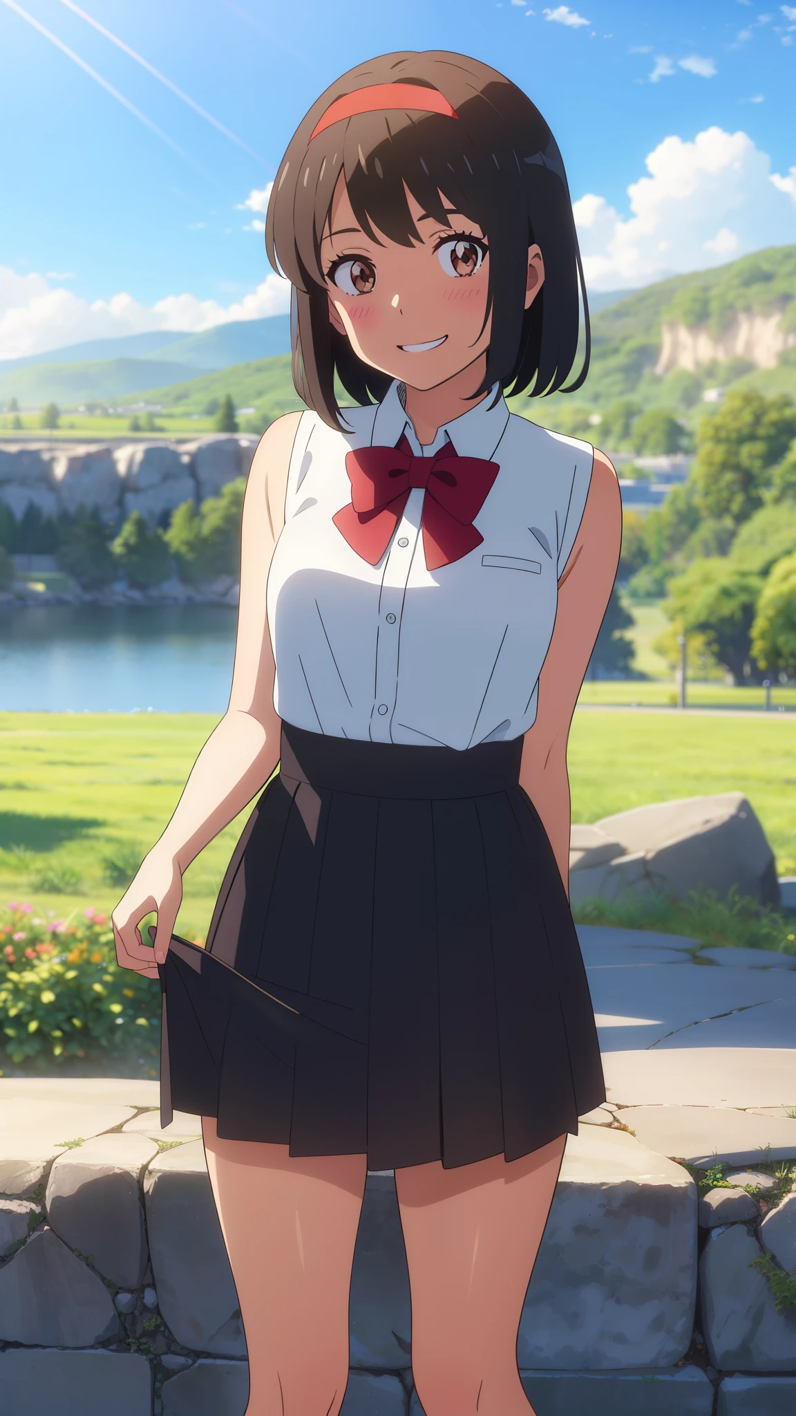 shinkai makoto, kimi no na wa., 1girl, bangs, black hair, blush, expressive eyes, (brown eyes:1.5), perfect face, looking at the viewer, white shirt, bare shoulders, red headband, red bow, black skirt, short hair, solo, outdoors, shinny skin, smile, cute, grin, cloudy, blue sky, mountains, rocks, standing, (masterpiece), best quality