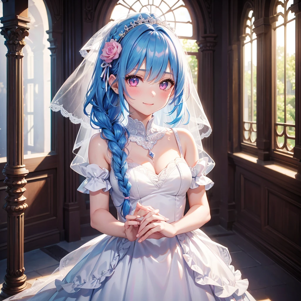 Sky Blue Medium Hair, (Braided Hair),(Pink Eyes),Fair skin ,(whole body),(1 girl),bride,smile、Straight bangs, 6月のbride,Wedding dress,(masterpiece, Highest quality, Very detailed, Best Shadow), (Detailed Background), (Beautifully detailed face), High Contrast, (Best lighting, Very delicate and beautiful), ((Cinematic Light)), colorful, Hyper Detail, Dramatic Light, Intricate details,Wedding hall,