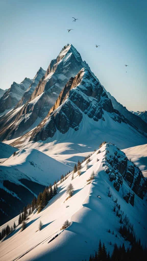 Mountain with birds around