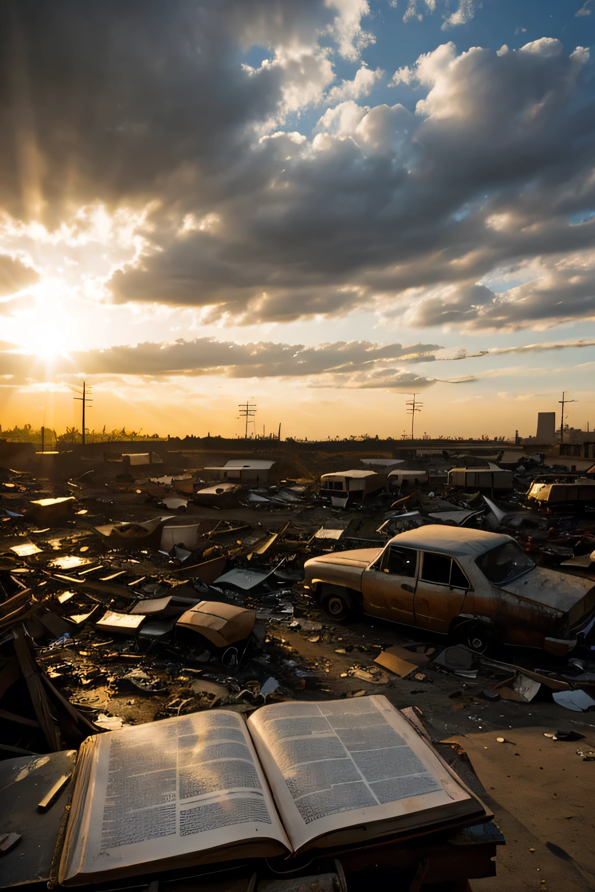 math textbook in a junkyard ((masterpiece)) ((dramatic shot)) (dramatic lighting) (dramatic textbook)