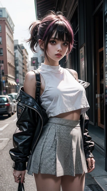 solo , 1girl , white shirt rock punk styes , Medium , skirt rock punk styes