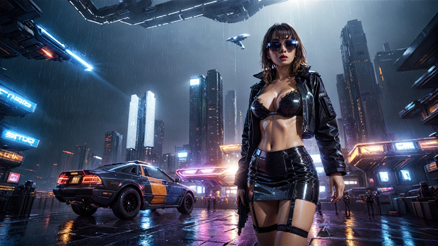 (((aerial view))), Blade Runner style futuristic space station platform, flying cars, neon lights, rainy night. (1girl, solo, alone), large-breast:1.2 slim body, cleavage:1.1, sexy laced lingerie, very low angle view miniskirt, jacket, (black sunglasses), (((she raised a pistol:1.8 and shot the viewer))), dynamic pose, (((half-body thigh level medium shot))), cinematic lighting, lens flare, ray tracing.