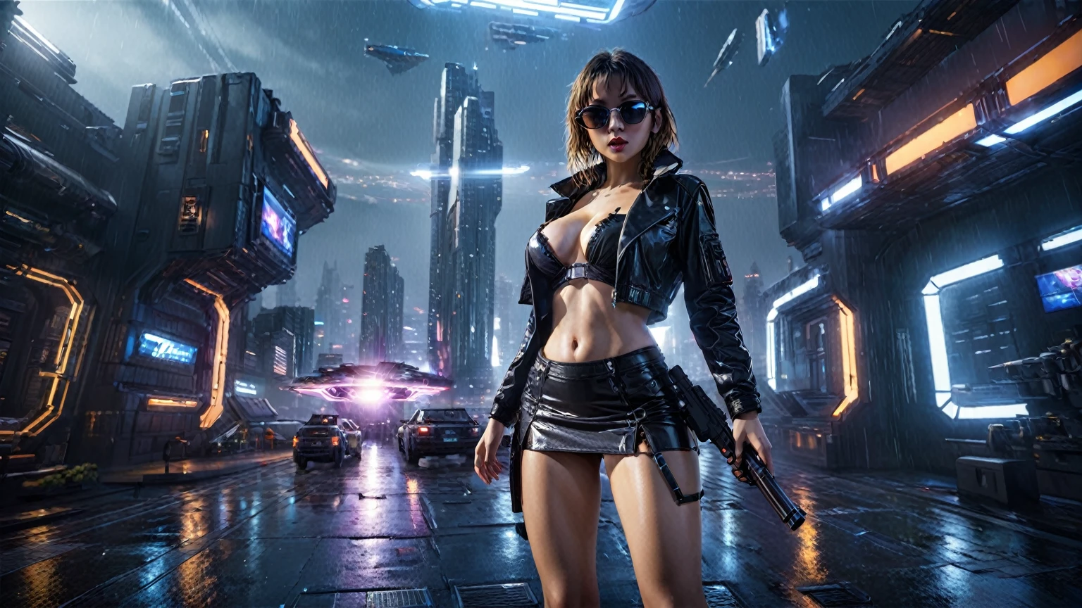(((aerial view))), Blade Runner style futuristic space station platform, flying cars, neon lights, rainy night. (1girl, solo, alone), large-breast:1.2 slim body, cleavage:1.1, sexy laced lingerie, very low angle view miniskirt, jacket, (black sunglasses), (((she raised a pistol:1.8 and shot the viewer))), dynamic pose, (((half-body thigh level medium shot))), cinematic lighting, lens flare, ray tracing.