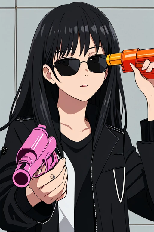 score up_9,masterpiece,holding watergun,black hair,sunglasses,black jacket,