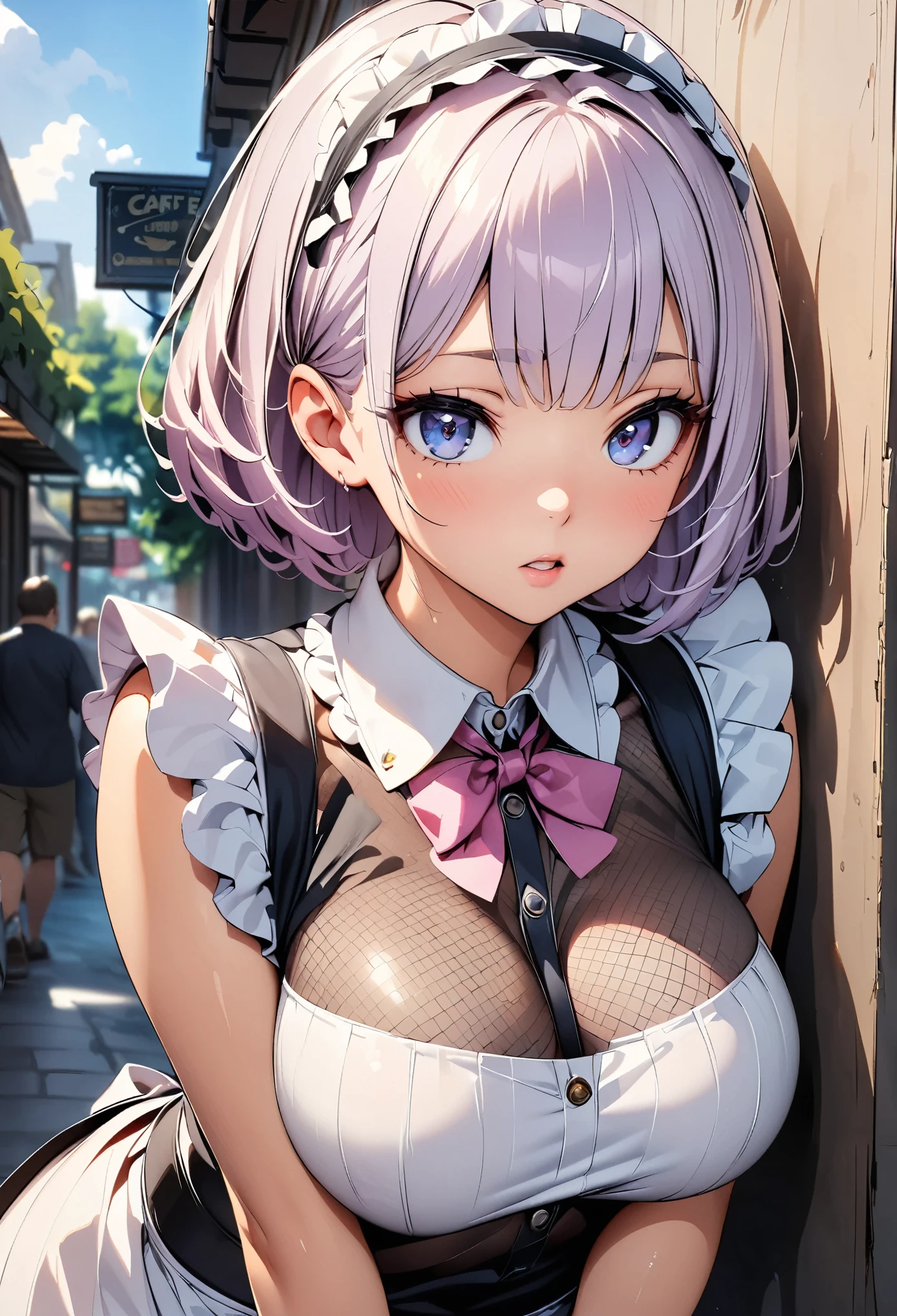 (Highly detailed CG Unity 8k wallpaper),(masterpiece), (highest quality), (Super detailed), (Best illustrations),(Best Shadow), Large Breasts　Pink gradient hair　Beautiful eyes　Bunny girl　Dynamic Angle　background,Cafe（crowd）