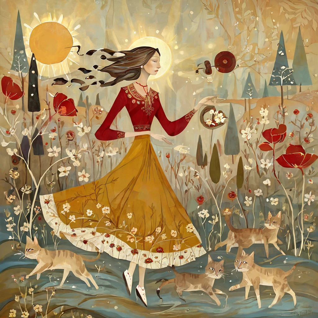 Artistic style by Albena Vatcheva.. Stylized figures. Ethereal woman, wearing a wide skirt with flower and leaf motifs, walks on the waters of a river, on the banks of the river light brown cats with red collars walk. In the background mustard-colored sunshine, hills, birch trees, poppy flowers and blooming dandelions.
