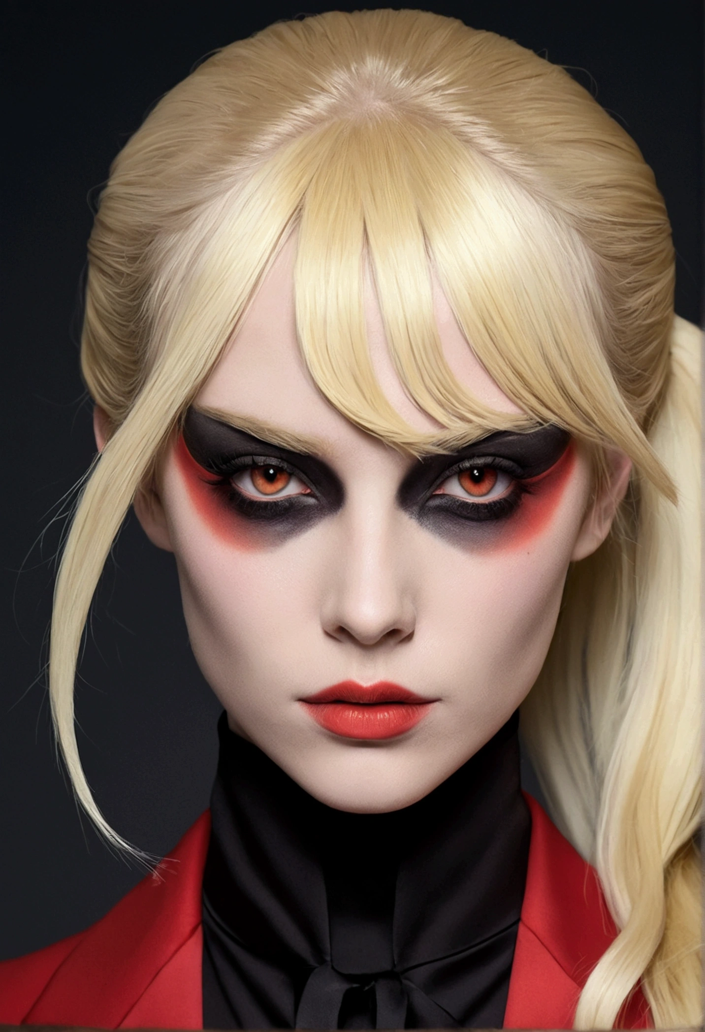 Tall, slim-built white-skinned demon. Long, ankle-length blonde hair with thin light coral streaks on the paler-blonde highlights, which is tied into a twice-banded low-ponytail by two black hair ties. Bangs that are flipped to the left side and ends with a curl. Yellow sclera and red pupils. Thick eyelashes, gray eyelids. Black lips, rosy red cheeks. Black nose. A red tuxedo-jacket with darker red lapels. Her dress pants are colored in a slight darker shade than her jacket.