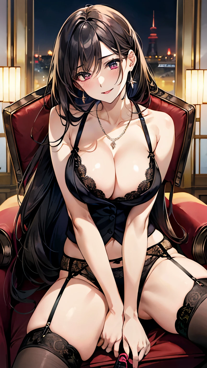 Ecstasy face　Climax（organs）（vagina,Sex）Black penis vibrator in hand, Masturbation Masturbation play,alone、Lewd face　One hand lewdly touches the underwear between her legs　Shy and seductive look　A look of contempt　Sexy Body　Clear Eyes　Round eyes　Sit in a luxurious chair　office lady　Japanese women　Manga illustration　Beautiful and firm breasts　Beautiful E Cup Breasts　the body is slim　Highest quality　4K Chignon Hairstyle　Hair tied up　Medium Long Hair　Light brown black hair　hair ornaments　necklace　Hotel with a great night view　Simple Background　Seductive pose　garter belt　Black lace stockings　Earrings　　派手なnecklace　Finer details　Beautiful anime illustrations　Beautiful Face　alone　High resolution, One Girl, Highest quality, Attention to detail, Slightly parted lips　Seductive red lips　Professional, Vibrant colors, Perfect Anatomy, ideal facial features, 理想的なProfessionalポーションの図, Perfectly beautiful body, Highly detailed skin, Glowing Skin, Glowing Skin, Cleavage, Captivating smile)),Sexy see-through pink lace bra,Obscene pink thong, (Attractive 30 year old Japanese widow,）High heels　Miss Soapland　Mature hot body　Sitting in a luxurious chair　Sparkle Effect, Anime Style, photograph, Attractive nail art　Dimly lit room　White beauty uniform　A sophisticated gravure idol　Gorgeous Japanese Model