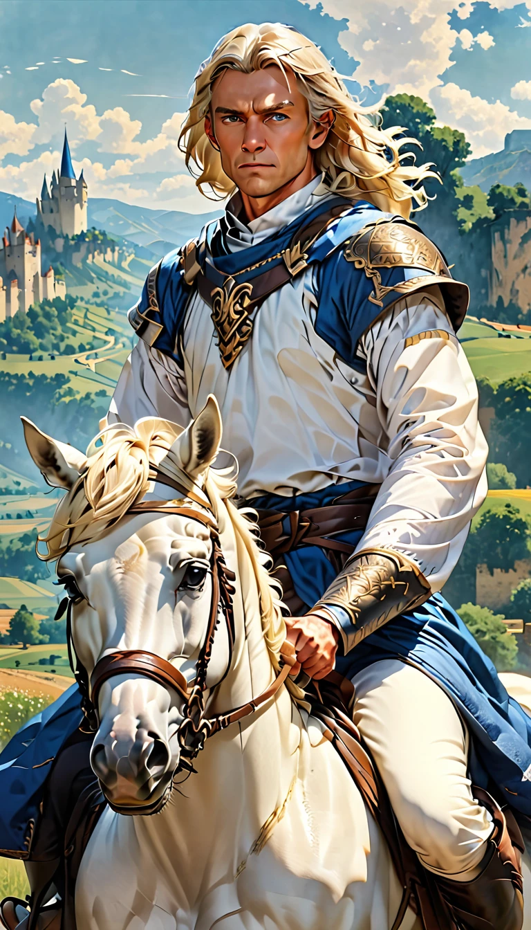 Elderly man with long blonde hair and pale skin, serious expression, wearing a white tunic with blue details, riding a horse in a medieval landscape, detailed background