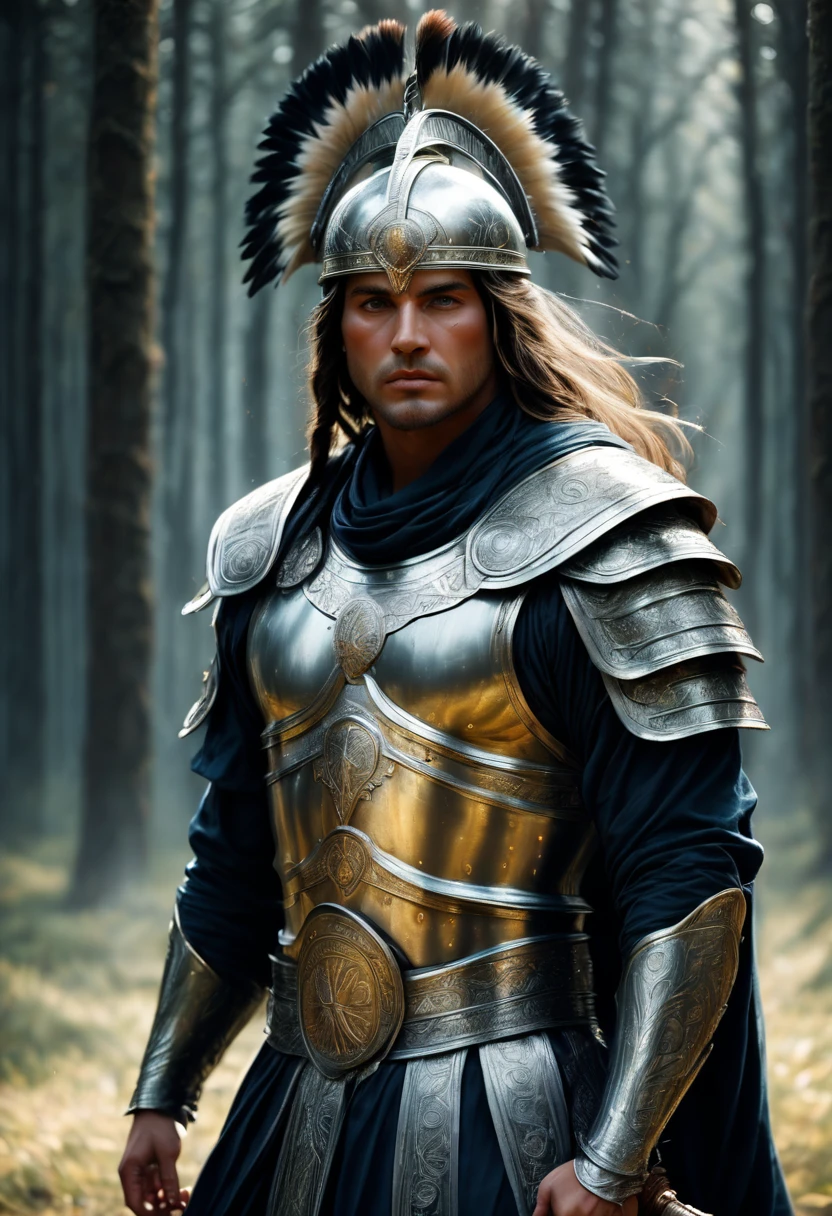 Create an image of a warrior seen from his soul's perspective. The warrior should be in a powerful stance, holding a sword or other weapon. His outer appearance is that of a strong, battle-hardened warrior, with armor that is battered and worn from many battles. His face shows determination and a deep resolve.
However, the unique aspect of this image is that it simultaneously shows his inner soul. This inner soul should be depicted as a radiant, ethereal figure emanating light and energy. This soul figure might have wings made of light, a halo, or other divine or spiritual features, symbolizing purity, courage, and inner strength. The connection between the warrior's physical form and his soul should be visually represented, perhaps with beams of light or an aura that surrounds and interweaves both aspects.