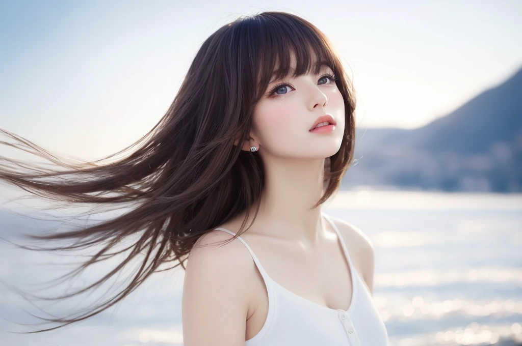 {{a extremely delicate and beautiful girl}}, {{extremely delicate and beautiful girl}}, {{{soft focus}}}, {{{perfect details}}}, {{{detailed and beautiful}}}, close shot, looking away, depthoffield, look up to, beautiful detailed fullbody, longuette, {{{woman}}}, young, Bob hair, spiked hair, wept bangs, grey hair, Perfect face, ?, detailed beautiful eyes, white skin, piercing, harajuku fashion, 白いシャツ,sleeveless shirt, open clothes, landscapes, white background, blurry background, cinematic lighting, flowing transparent white, {{{best masterpiece}}}, {{{best quality}}}, {{{extremely detailed 8K wallpaper}}},