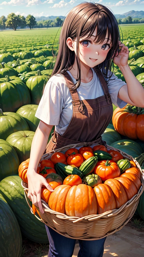 A farmer harvesting tomatoes, cucumbers and pumpkins