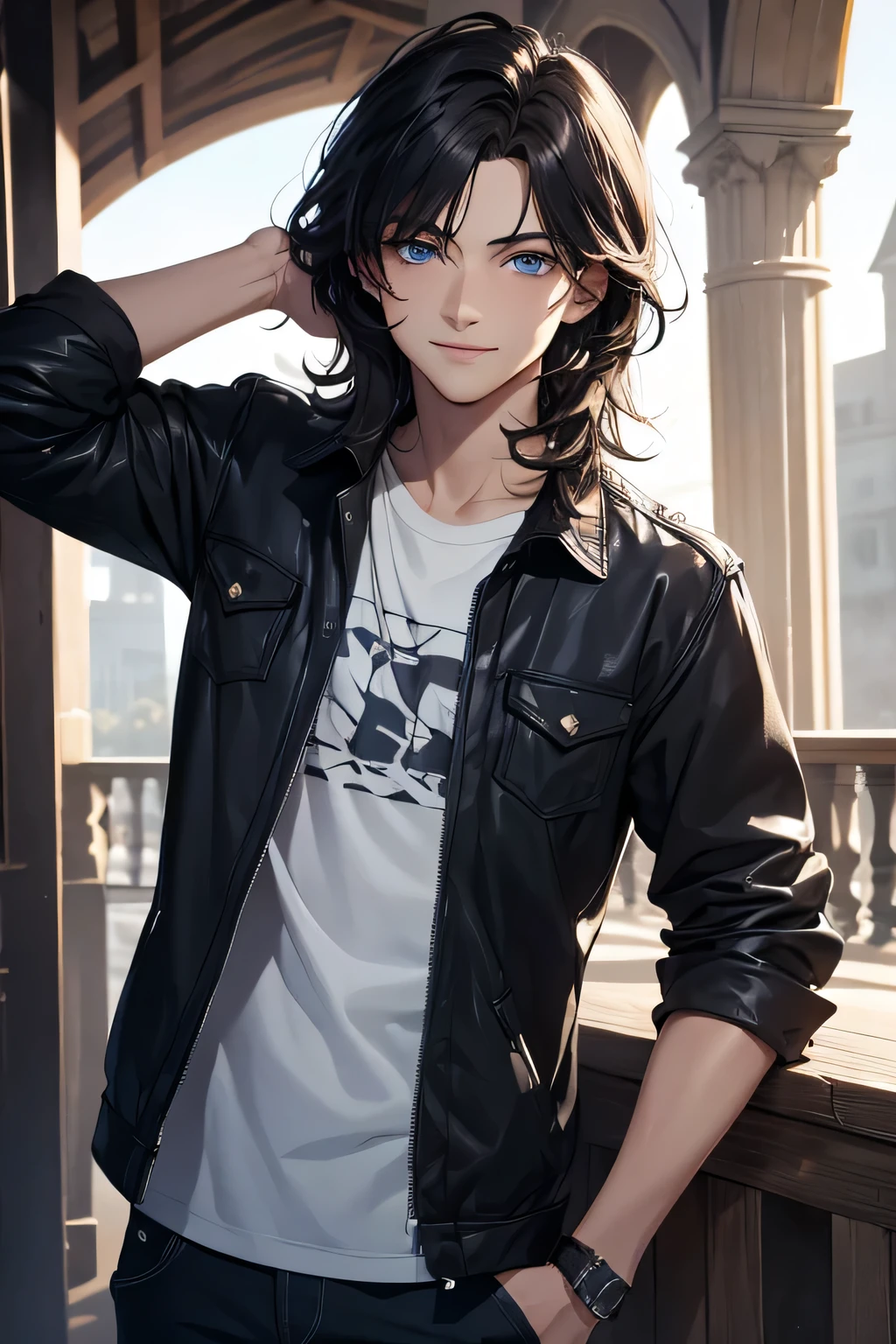 (absurdres, highres, ultra detailed, HDR), masterpiece, best quality, a boy, 16 year old teenager, solo, handsome, short hair, black long hair, long hair, smiling expression, finely blue eyes and detailed face, casual clothes, real shadow