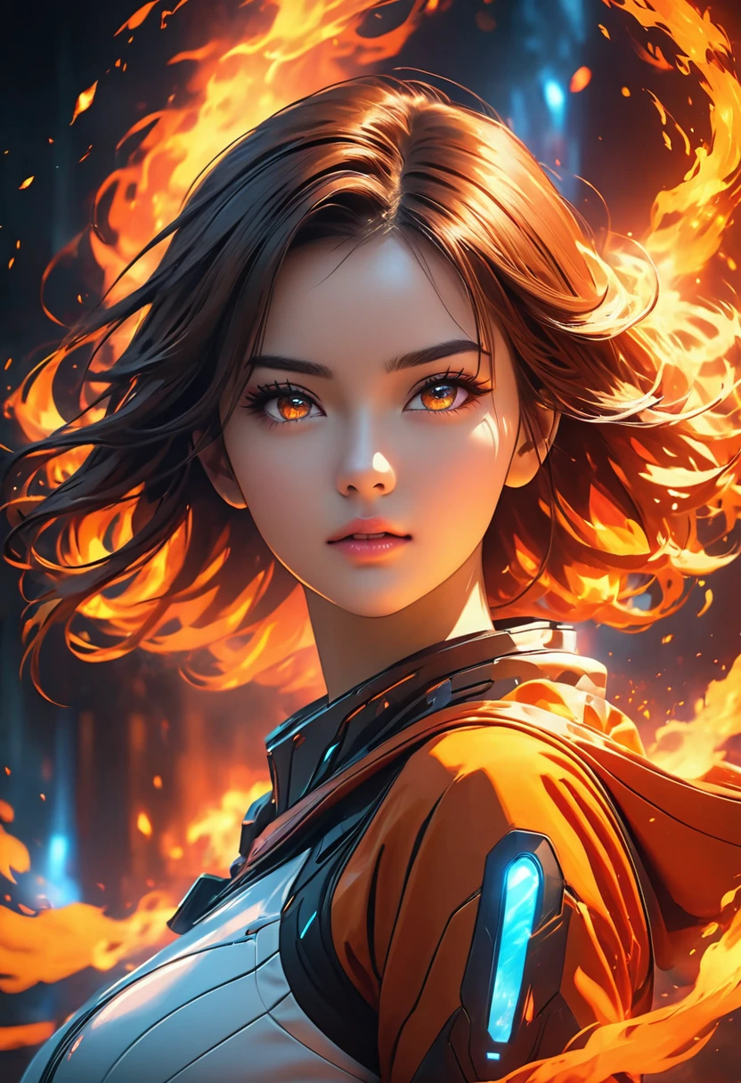 VERY BEAUTIFUL GIRL, WITH FIRE AURA SURROUND HER, POWERFULL, DRAMATIC FIRE FUTURISTIC BACKGROUND, HALF BODY, 4K