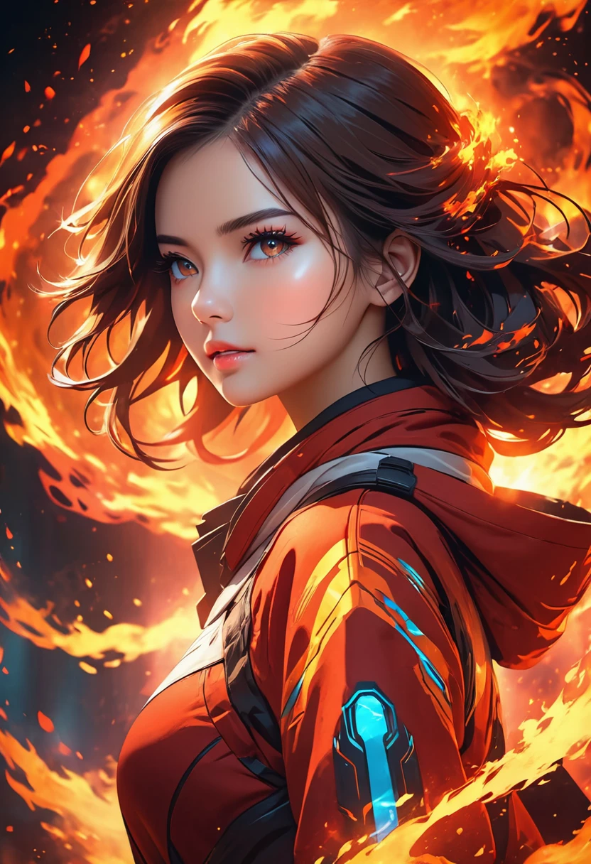 VERY BEAUTIFUL GIRL, WITH FIRE AURA SURROUND HER, POWERFULL, DRAMATIC FIRE FUTURISTIC BACKGROUND, HALF BODY, 4K