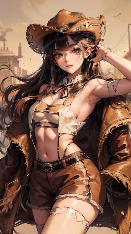 anime girl, cowgirl costume, big breasts, brown hair, perfect proportions, ((wavy long hair)), Glasses, earrings, ((NFSW:1.3)), ((Half Up Hairstyles:1.6))
