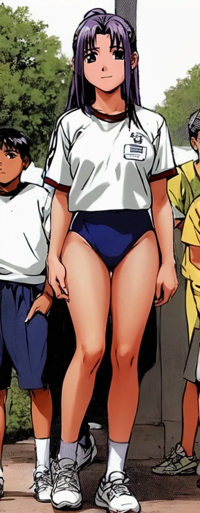 Momoko Koigakubo, a tall girl with beautiful legs, is standing with a smile on her face in a white gym uniform and light navy blue bloomers that look like panties.。Momoko Koigakubo is holding an  boy in a tracksuit.。