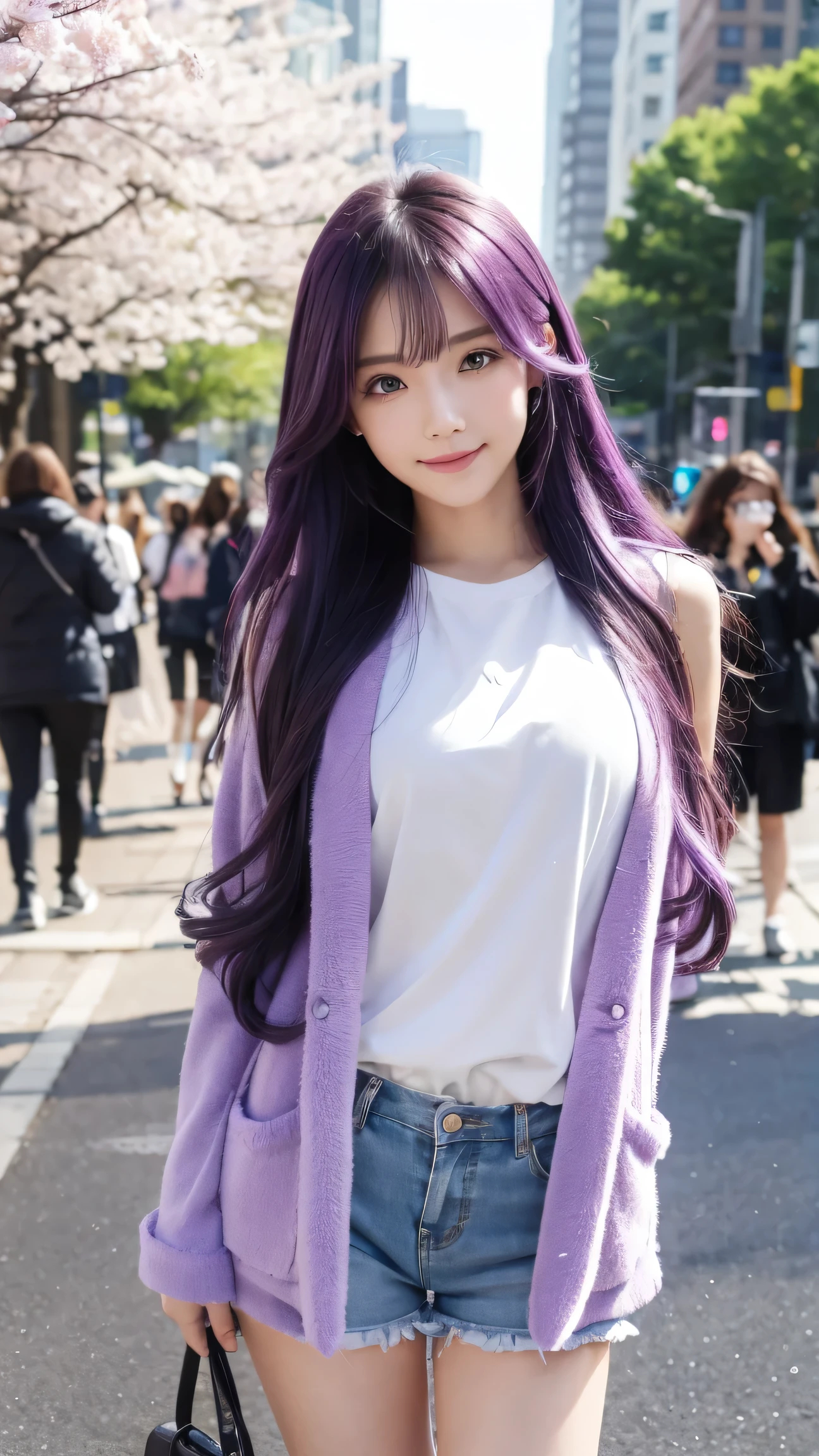 Fluffy hair，Flowing long hair，（Extra long hair），Shiny pink hair，Shiny hair，1 girl，Alone，blue eyes，（Pink hair），Pink hair，Looking at the audience，Smile，Makeup face print，thigh，Light-colored shorts，Black long-sleeved coat，outdoor，whole body（（masterpiece）），（（best quality））），（（Ultra Detailed）），（（illustration）），（solo），（（Sing）），（leaning_forward：1.2），（arms_behind_back），（（extremely_detailed_eyes_and_face）），Colorful，Ray Tracing，cherry_blossoms，petal，Flying Notes，4K，8k，Fine details，Ultra-high resolution