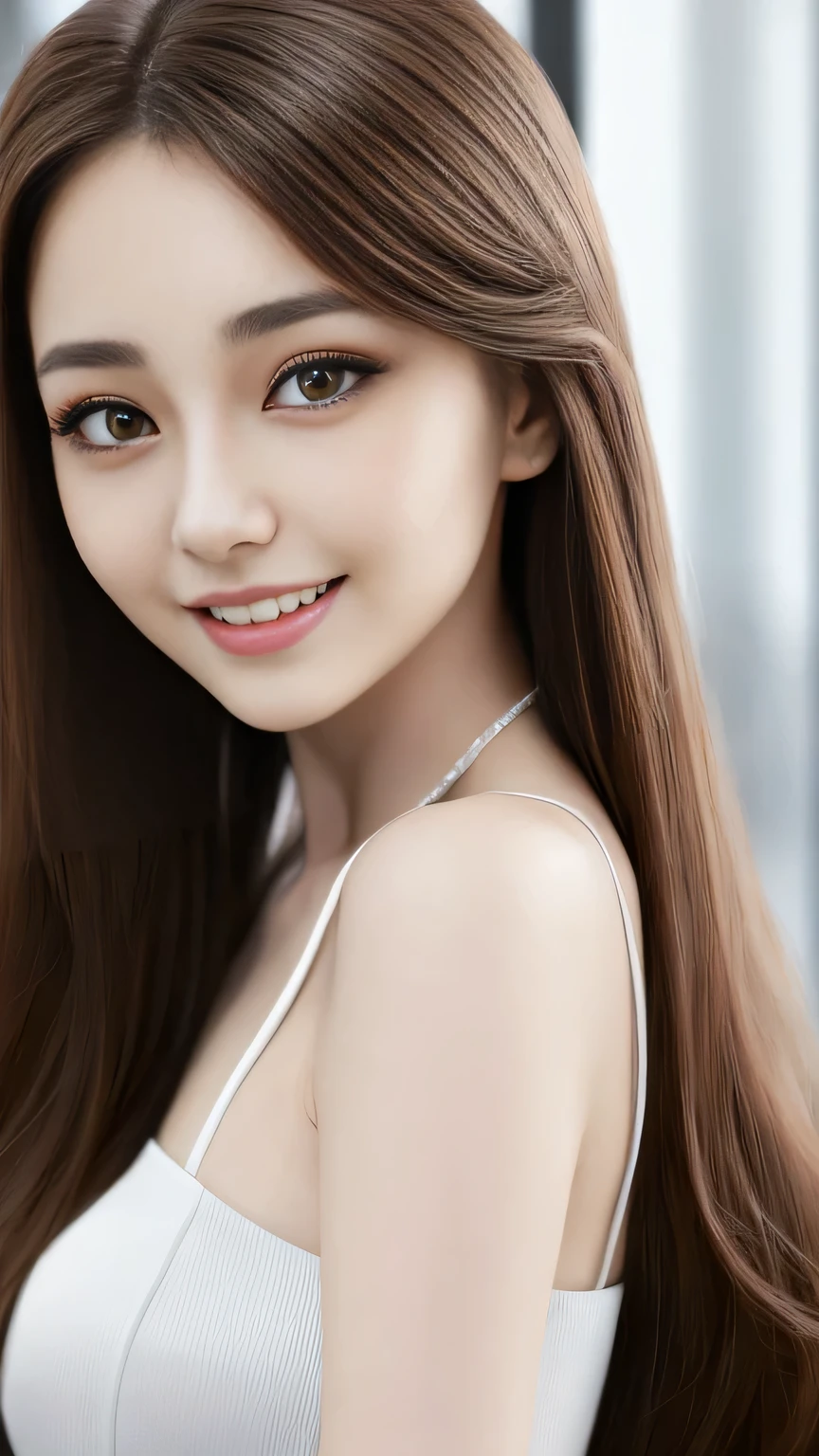 Tabletop, Highest quality, Realistic, Very detailed, In detail, High resolution, 8k wallpaper, 1 beautiful Japan woman、Brown long hair, Wearing a business suit, Sharp focus, Perfect dynamic composition, Beautiful attention to detail, Fine hair, Detailed and realistic skin texture, 20-year-old、Big eyes、Cute little mouth、smile, Model-style makeup、Close-up portrait, Model body type