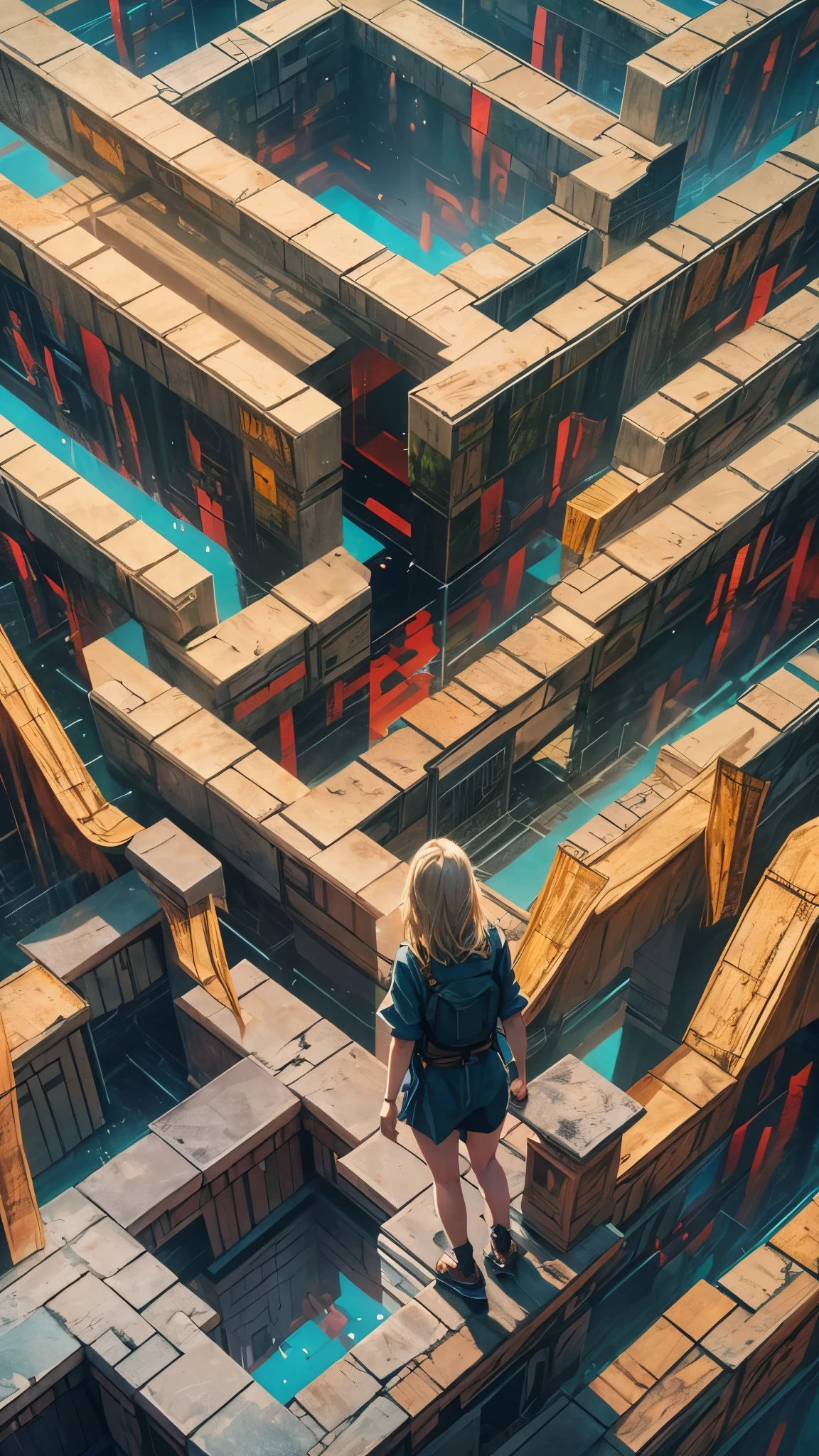 (highest quality, High resolution, Vibrant colors, Realistic), (Inside a giant maze made from a pool), 1 girl, 20-year-old female, Wearing military-style clothing, short blonde, walk through the maze, Mysterious lighting, Unrealistic atmosphere, Reflection Pool, Towering walls, complicated route, Distorted reflections, hidden passage, Quiet and eerie, A sense of adventure, Expectations, expedition, A twist that bends the heart, Unexpected Encounter, Isolation, vast and infinite, Immersive Experience, Escape to another world, A surreal journey