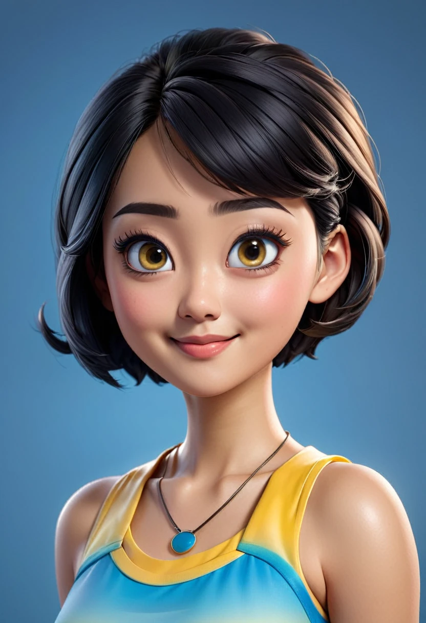 Create a 3D animation of a cartoon caricature with a big head. a beautiful 19 year old Indonesian woman. She has short black pixie cut hair. His face is oval with smooth lines, thick and neat black eyebrows, normal eyes, a small, sharp nose, and thin lips with a wide, friendly smile. He wore a yellow tank top. Gradient blue background with professional lighting. masterpiece, top quality, highly detailed skin and face, ultra-realistic, high definition, studio lighting, sharp focus, 2/3 body angle, Concept Art, 3D rendering.