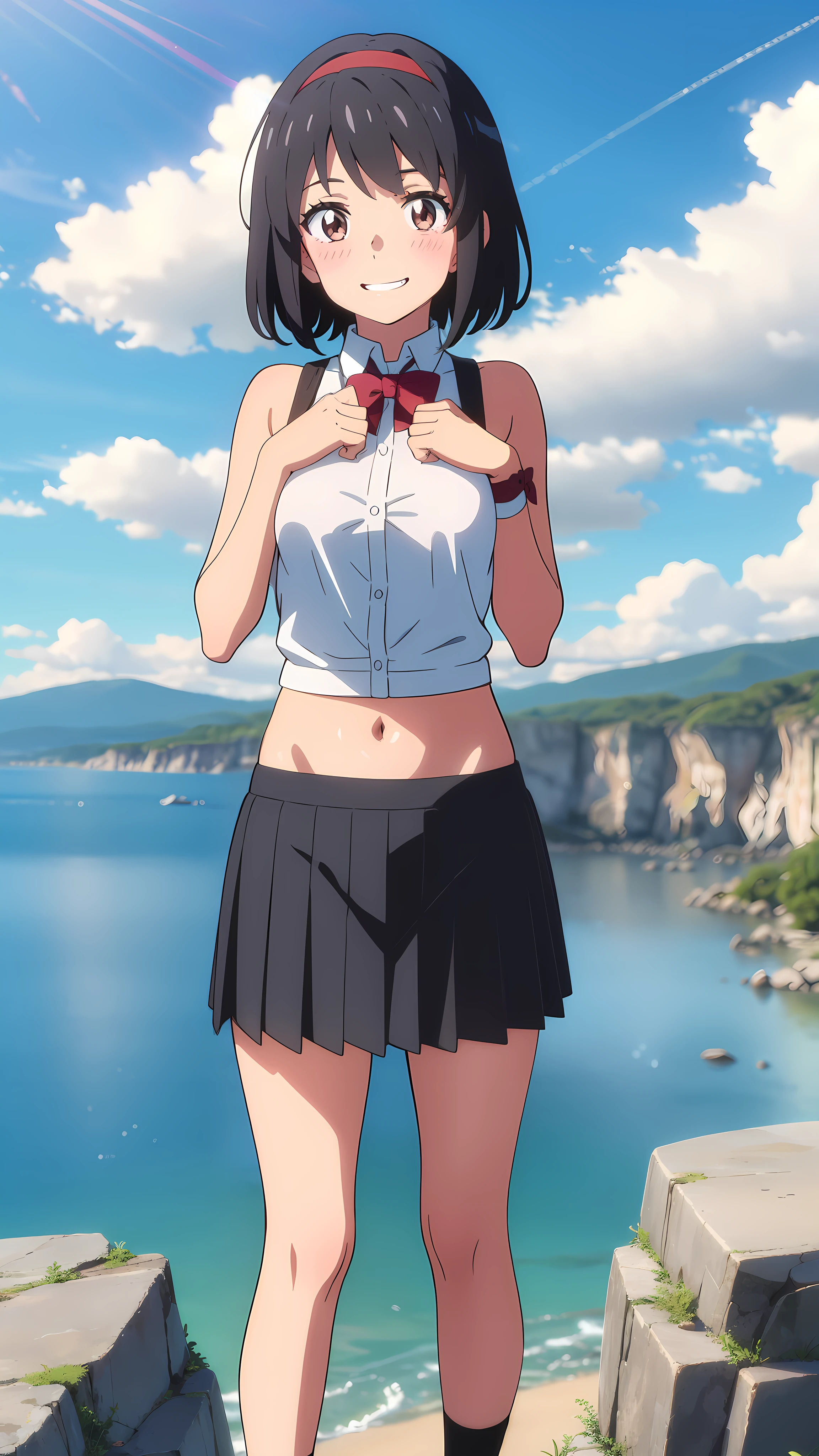shinkai makoto, kimi no na wa., 1girl, bangs, black hair, blush, expressive eyes, brown eyes, perfect face, looking at the viewer, white shirt, exposed navel, bare shoulders, red headband, red bow, black skirt, short hair, solo, outdoors, shinny skin, smile, cute, grin, cloudy, blue sky, mountains, rocks, standing, (masterpiece), best quality