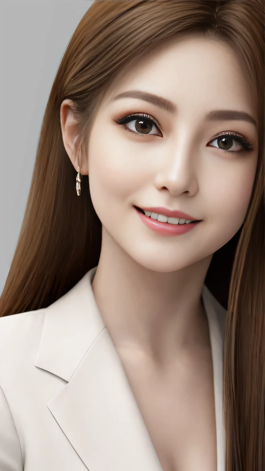 Tabletop, Highest quality, Realistic, Very detailed, In detail, High resolution, 8k wallpaper, 1 beautiful Japan woman、Brown long hair, Wearing a business suit, Sharp focus, Perfect dynamic composition, Beautiful attention to detail, Fine hair, Detailed and realistic skin texture, 20-year-old、Big eyes、Cute little mouth、smile, Model-style makeup、Close-up portrait, Model body type