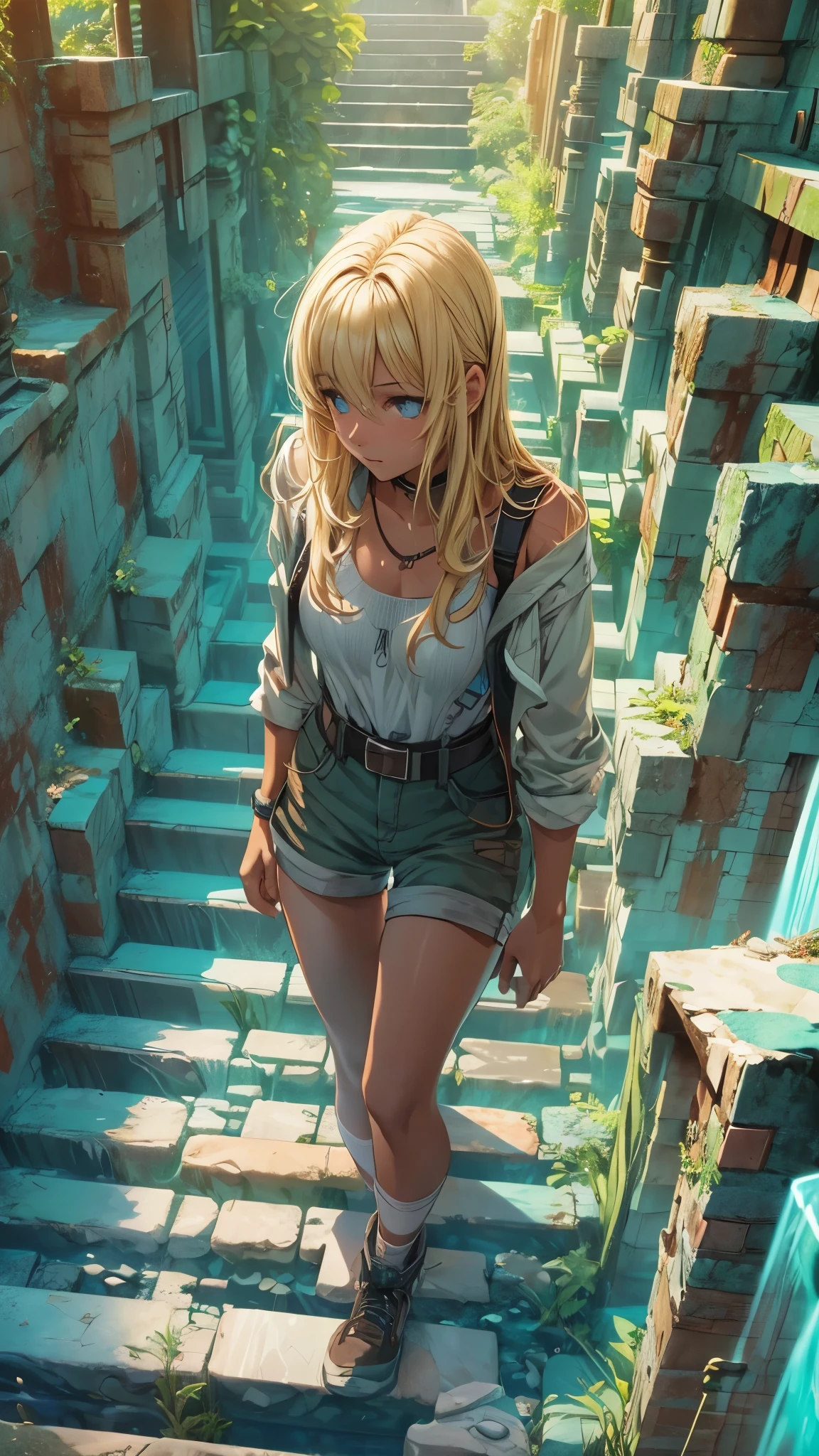 (highest quality, High resolution, Vibrant colors, Realistic), (Inside a giant maze made from a pool), 1 girl, 20-year-old female, Wearing military-style clothing, short blonde, walk through the maze, Mysterious lighting, Unrealistic atmosphere, Reflection Pool, Towering walls, complicated route, Distorted reflections, hidden passage, Quiet and eerie, A sense of adventure, Expectations, expedition, A twist that bends the heart, Unexpected Encounter, Isolation, vast and infinite, Immersive Experience, Escape to another world, A surreal journey
