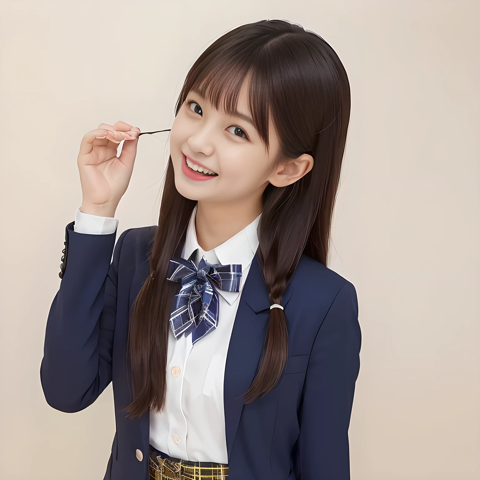 (Highest quality, masterpiece:1.2), Highest quality, High resolution, 1080P, 8k, height: 158cm, ((A noble, graceful and intelligent girl who looks like a best proportion Japanese young lady is turning around and giggling in a strong wind)), ((So sweet, very noble, neat, and pretty Japanese beautiful cute girl)), ((A real, very girly, sweet, cute and noble girl)), ((((A beautiful Japanese cute fashion model)))), ((((Very pure white face and limbs)))), Glossy Lips, (Evenly cut bangs), ((Very beautiful, droopy, cute, pure, noble brown eyes)), ((Super long, black straight hair that reaches the floor)), (Very shiny, glossy Lips), ((Beautiful straight hair like a school promotion model)), Watch at you, ((Incredibly well organized, Rich facial expressions)), ((Plump and beautiful white skin and face)), ((Pure, clear, gentle brown eyes)), ((staring at me)), Glossy Lips, ((noble and elegant)), Very beautiful blue skirt, ((Large upward-curving lips)), White Hand, ((((Navy Japanese school blazer with noble golden emblem)))), ((Navy and sapphire blue Japanese school uniform)), ((Tartan check pattern pleated long skirt)), ((Cobalt blue string chest ribbon)), ((((An ecstatic expression of boundless joy)))), ((plain white background)), ((perfect body)), (((hair beauty magazine for young girls))), (Eyes and faces with detailed:1.4),