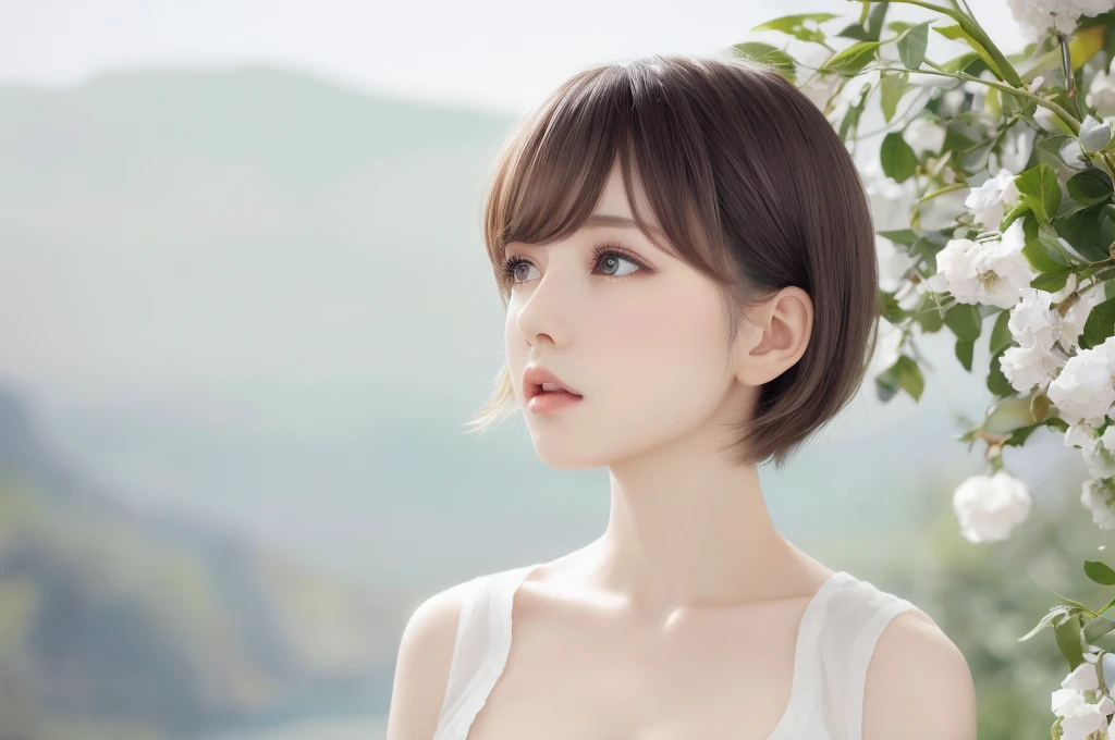 {{a extremely delicate and beautiful girl}}, {{extremely delicate and beautiful girl}}, {{{soft focus}}}, {{{perfect details}}}, {{{detailed and beautiful}}}, close shot, looking away, depthoffield, look up to, beautiful detailed fullbody, longuette, {{{woman}}}, young, Bob hair, spiked hair, wept bangs, grey hair, Perfect face, ?, detailed beautiful eyes, white skin, piercing, harajuku fashion, 白いシャツ,sleeveless shirt, open clothes, landscapes, white background, blurry background, cinematic lighting, flowing transparent white, {{{best masterpiece}}}, {{{best quality}}}, {{{extremely detailed 8K wallpaper}}},