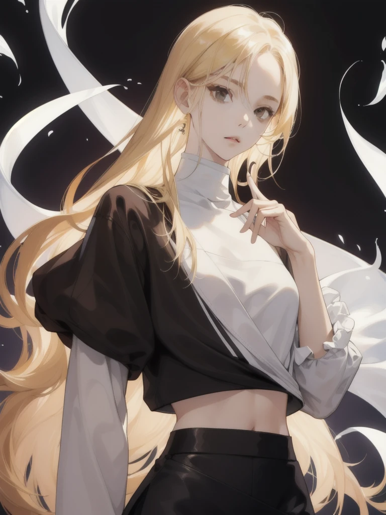 (best quality), 1girl, female, porcelain skin, blonde hair, straight hair, long hair, swoopy tips, Flipped-up ends, brown eyes, perfect eyes, crop turtleneck top, black skirt, slender, , small bust, shy, masterpiece, anatomically correct, highres
