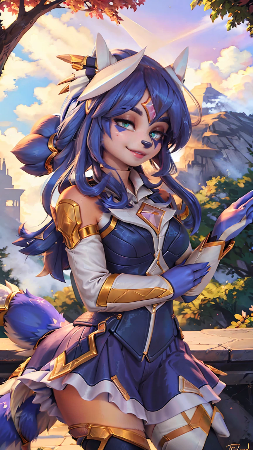 A beautiful and detailed (sweet picture) of ((Krystal)), Star Fox Krystal,  green eyes, medium breasts, (((Long blue hair 1.3))),  anthro, furry, (of Fluff-Kevlar, Bayard Wu, Personalami, Pino Daeni),  detailed fluffy fur, detailed face, (fluffy), 1 girl, alone, Haare bedecken ein Auge:1.4, wears a star guardian uniform