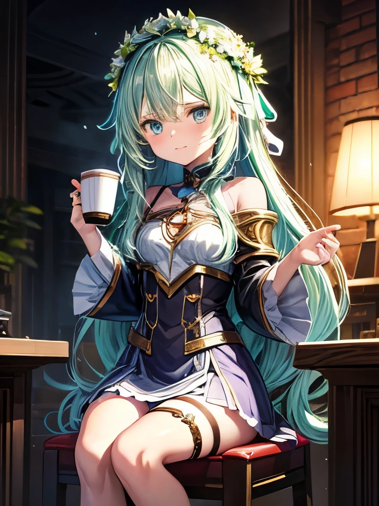 Anime girl sitting on a chair with a coffee cup in her hand, Alchemist Girl, Light novel cover, Official Art, Epic light novel art cover, Official Artwork, epic Light novel cover, change, isekai, small curve change, Kushat Wreath, Kshat Krentz Key Art Feminine, Shadowverse Style, Moe Dwarf,