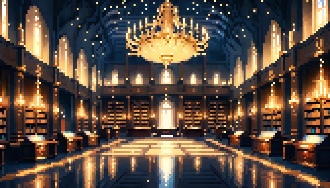 a great hall as a library with bright gold lights and futeristic crystals Minimalism, anime, jpeg artifacts, Eye-Level Shot, atmospheric perspective, masterpiece, ccurate, high quality, best quality, 8k